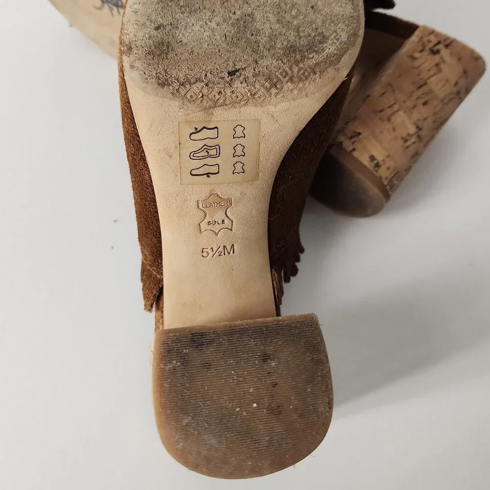 Tory Burch Huntington Festival Brown suede fringe mule sandal heel shoes 5.5 M